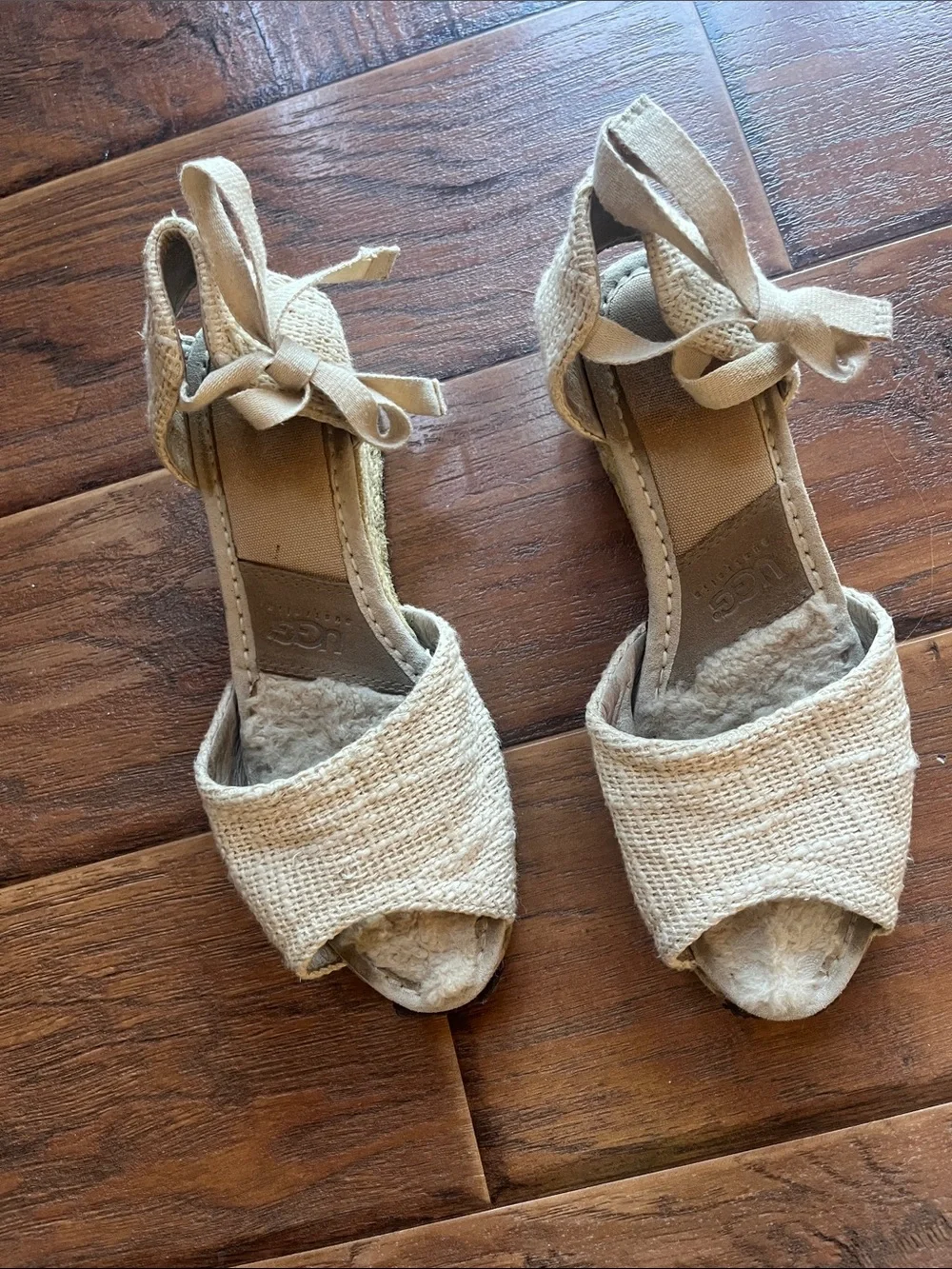 UGG Beige Espadrille Wedge Sandals with Ankle Ties